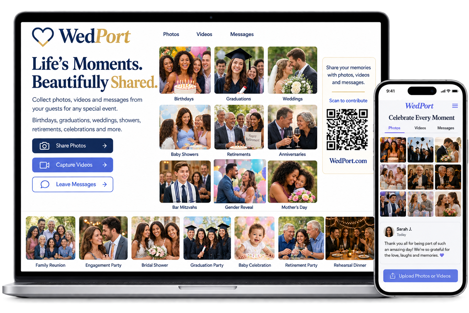 Wedding guests scanning a QR code to share photos and videos on WedPort