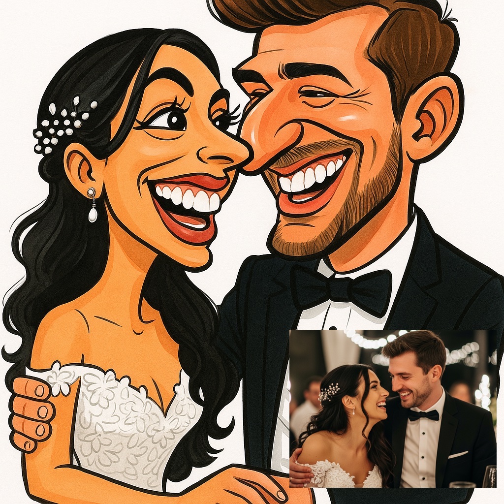 WedPort AI Caricature Photo Booth showing a wedding guest's caricature on a phone screen